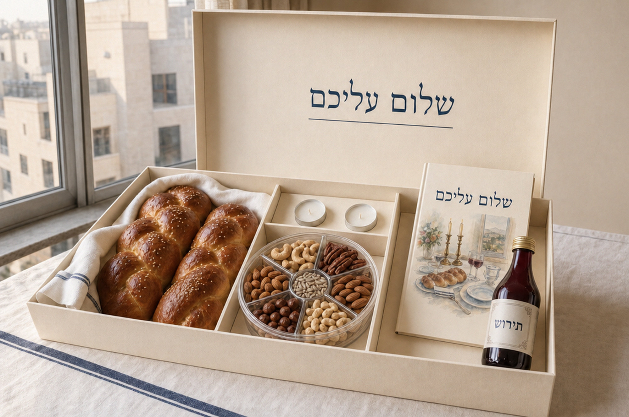 הקופסה פתוחה: חלות בכיסוי, מגש הפיצוחים, נרות, תירוש והמגזין