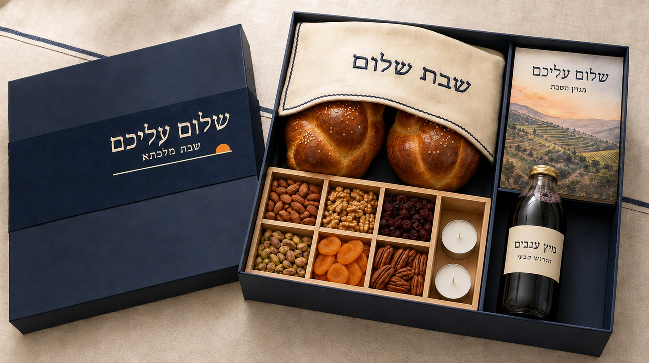 שבת מלכתא פתוחה: שתי חלות תחת כיסוי, מגש פיצוחים בשבעה תאים, שני נרות, תירוש והמגזין