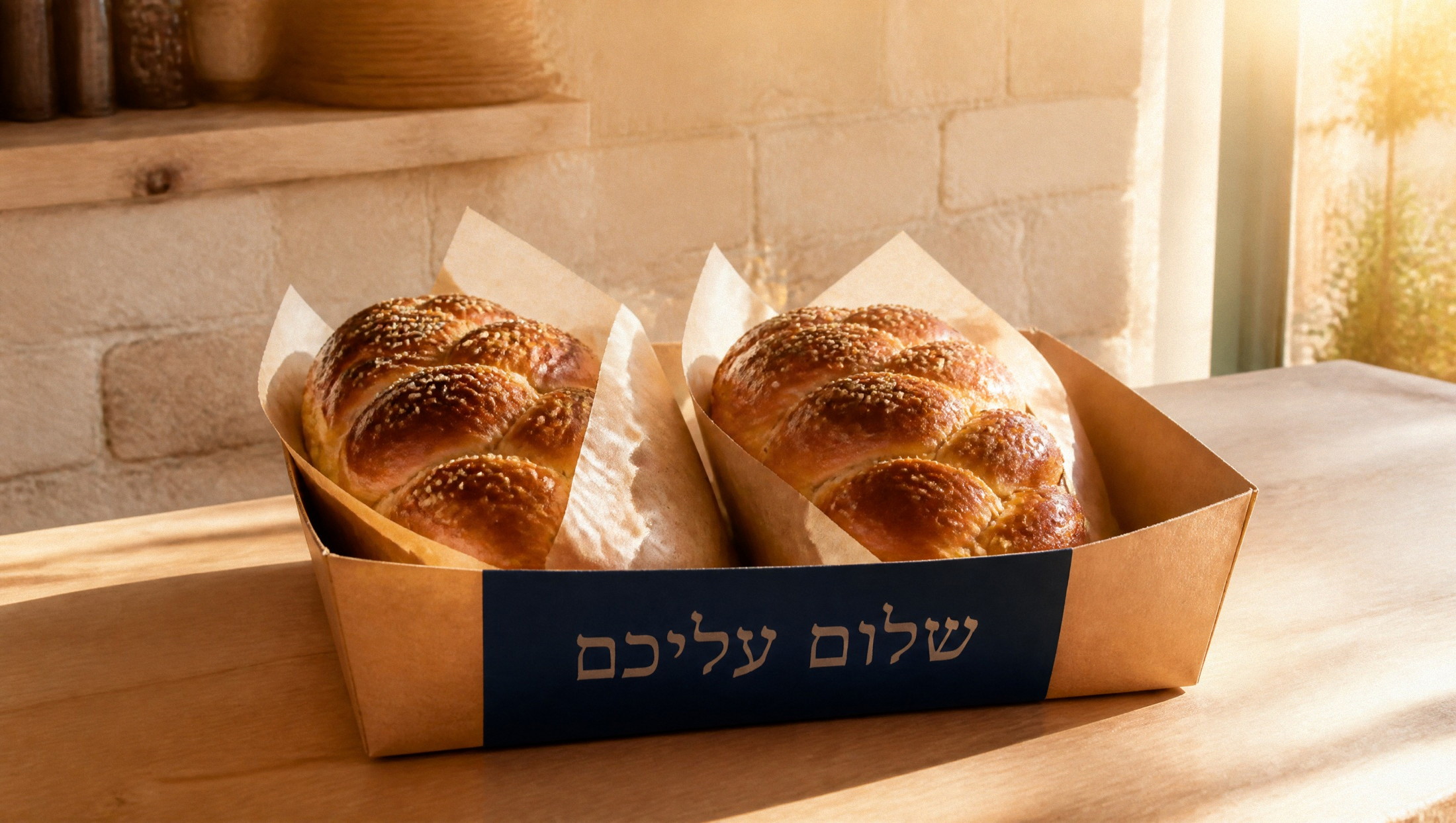 שתי חלות עטופות במגש על דלפק האיסוף, באור שמש של שישי בבוקר